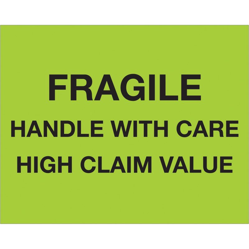 8 x 10 fragile handle with care high claim value fluorescent green labels dl1333